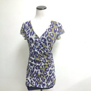 Sweet Pea Stacy Frati purple blue animal print leopard faux wrap mesh top long L